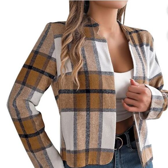 No Brand Jackets & Blazers - Women’s Plaid Khaki Crop Shacket Notch Collar Jacket Size XL New